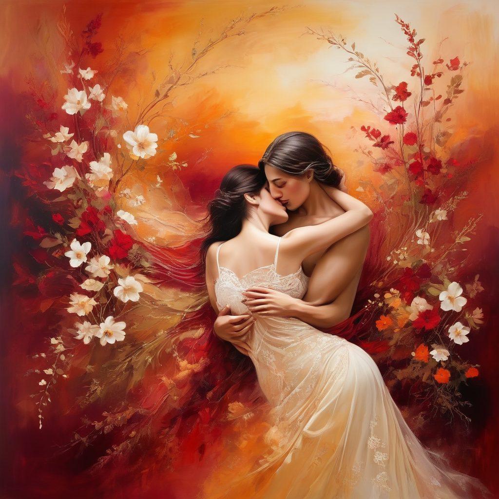 A sensual, tastefully staged scene featuring abstract representations of intimacy and exploration, with a glowing, inviting atmosphere. Include soft textures like silk and lace with subtle hints of passion and allure, surrounded by blooming flowers symbolizing desire. Integrate warm, rich colors like deep reds and golds to evoke a sense of pleasure. The composition should remain sophisticated and artistic without being overtly explicit. painting. vibrant colors. soft lighting.