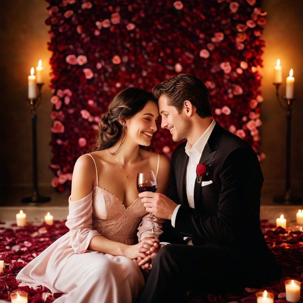 A beautifully intimate scene depicting a serene couple sharing a moment of joy and connection, surrounded by soft candlelight and plush textures. Incorporate elements that symbolize pleasure, like delicate rose petals and a glass of wine, creating a warm and inviting atmosphere. The colors should be rich and soothing, enhancing the sense of blissful intimacy. romantic ambiance. vibrant colors. soft focus.